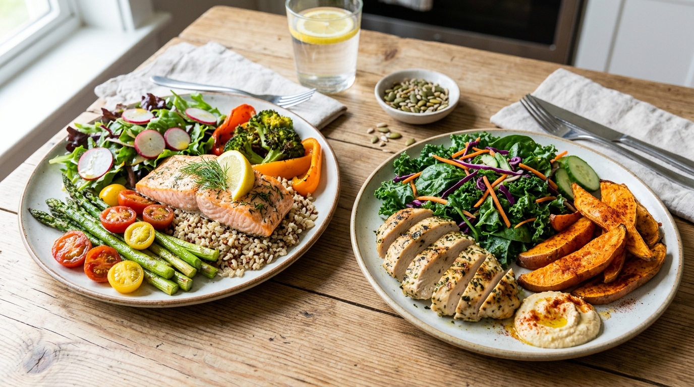 Zdravá vyvážená strava – barevné talíře s čerstvou zeleninou a bílkovinami